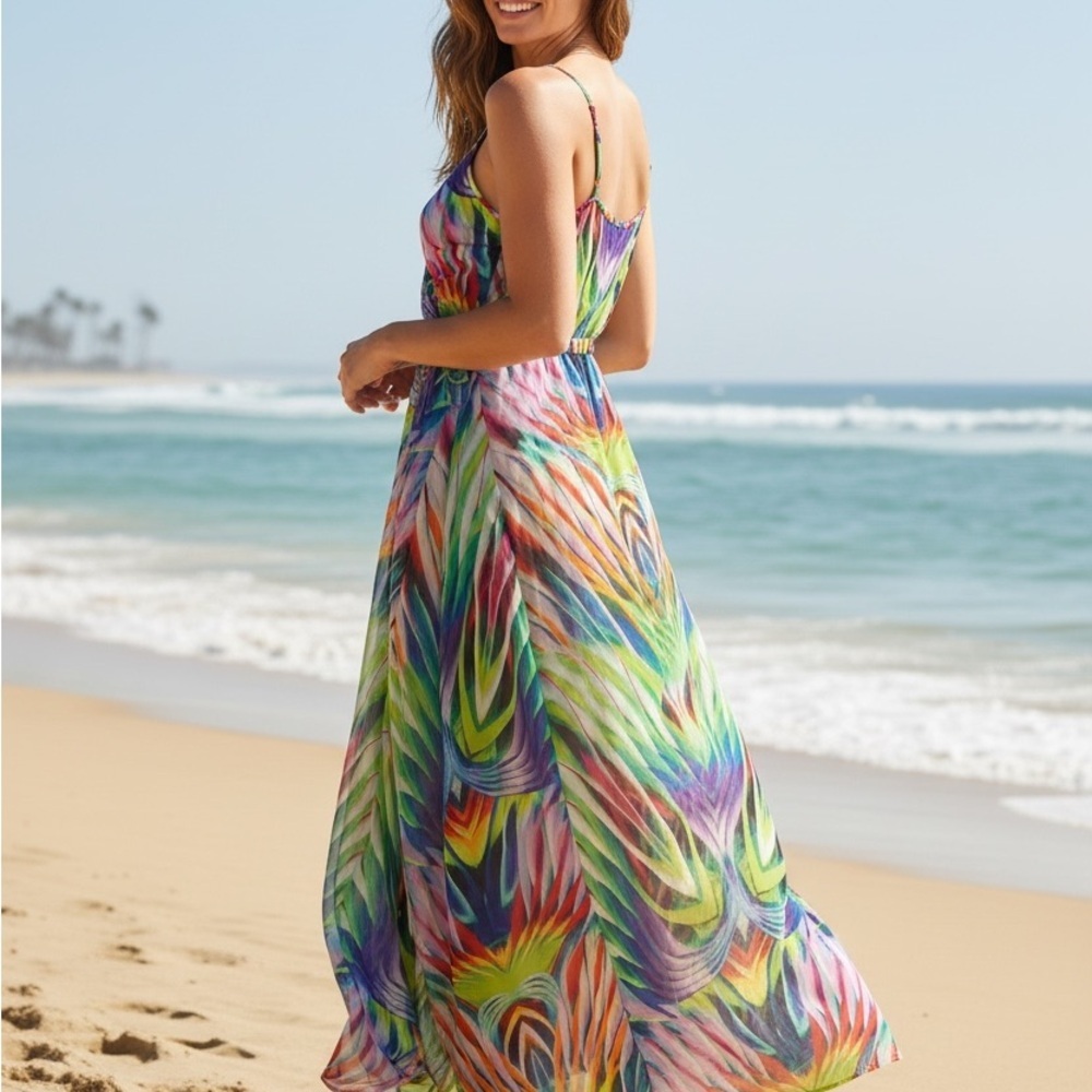 Colorful Tropical Maxi Dress Boho Flowing Summer Vacation Dress